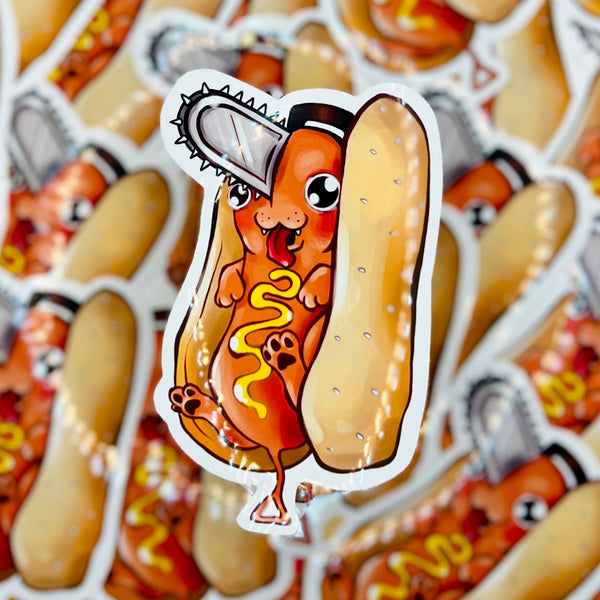 Close-up of an original Chainsaw Man Pochita hotdog anime sticker with a high-shine glossy finish resting on a white background